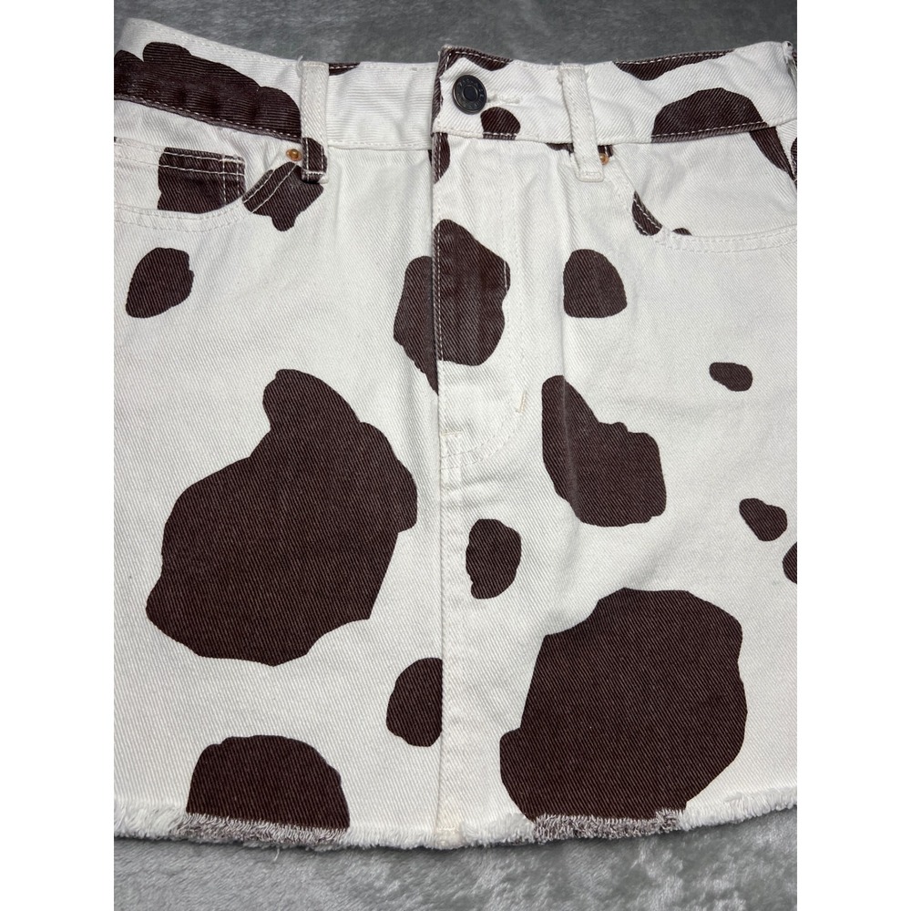 PacSun Cow Print Denim Mini Skirt Brown White‎ Raw Hem Size 24 Western Y2K